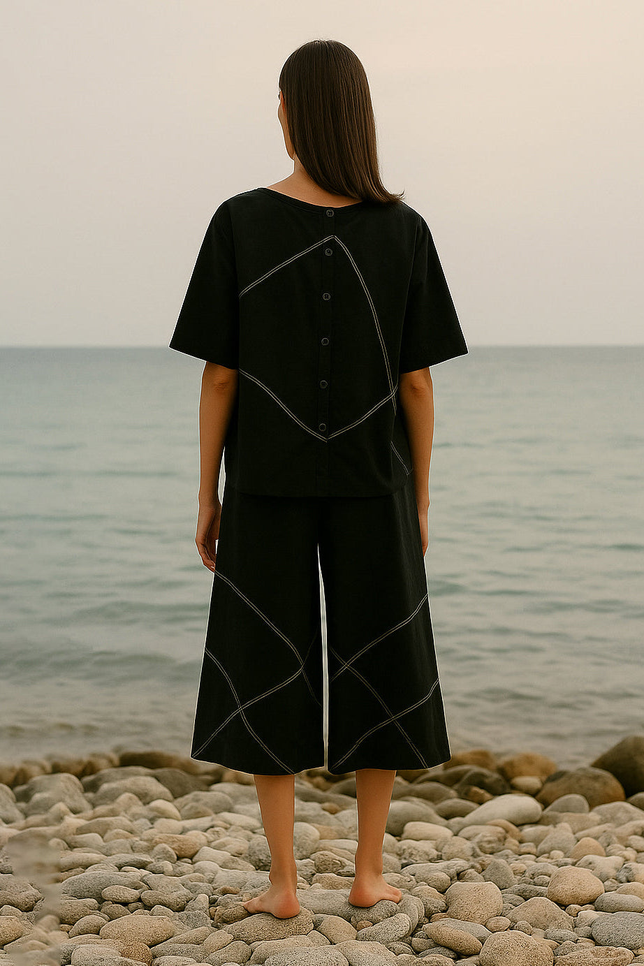 Blusa in cotone con cuciture a contrasto