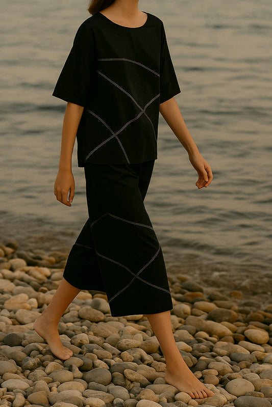 Blusa in cotone con cuciture a contrasto