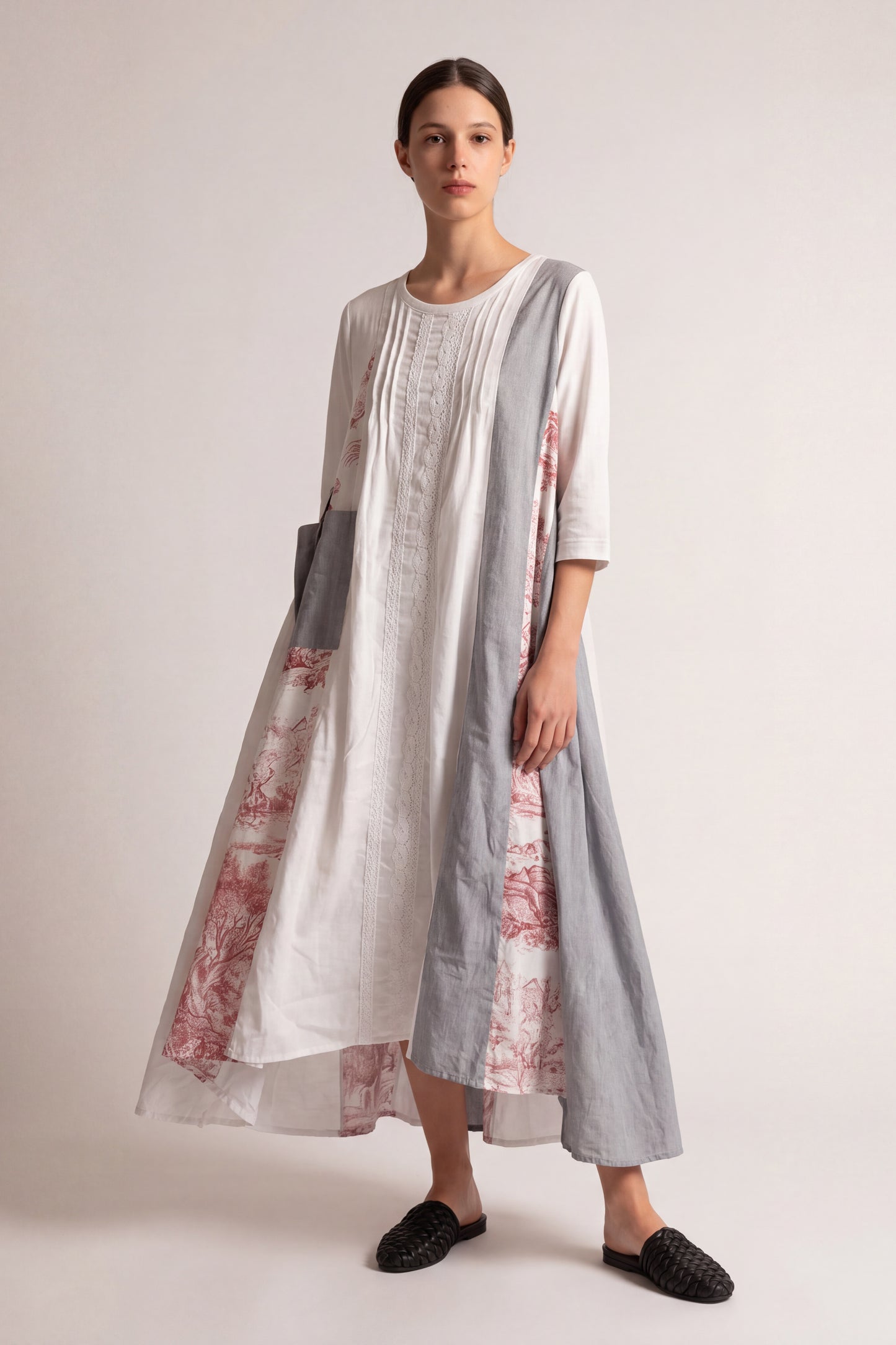 Abito lungo patchwork in lino e cotone