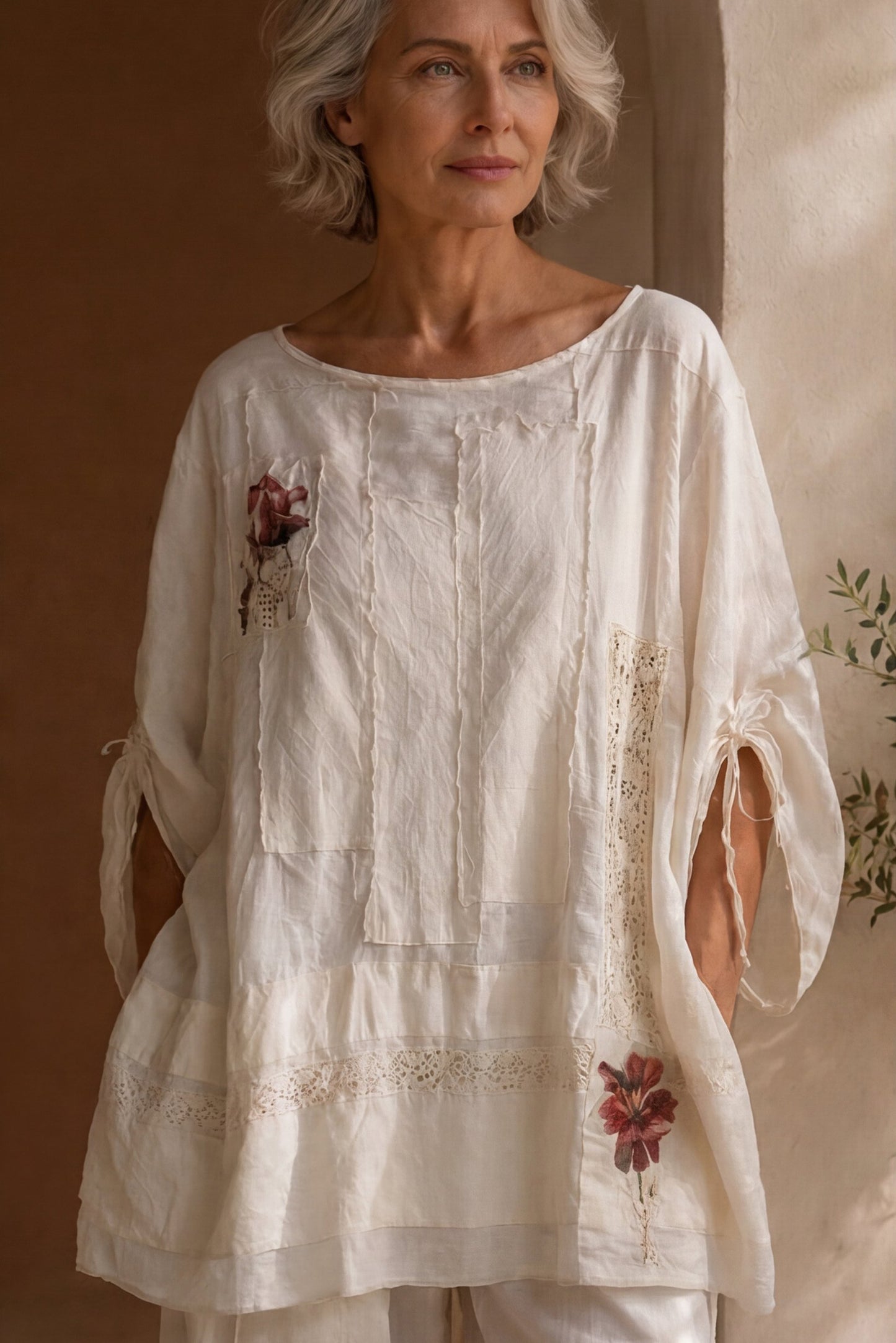 Blusa patchwork écru con applicazioni floreali e pizzo