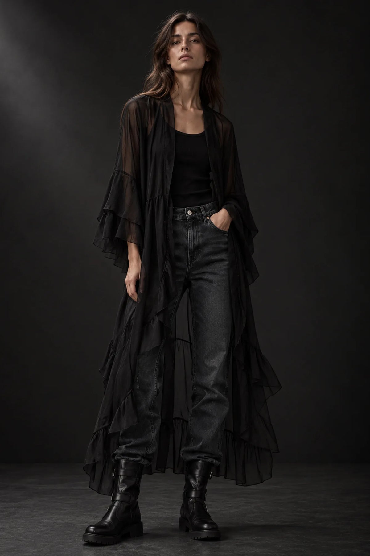 Camicia lunga trasparente con volant