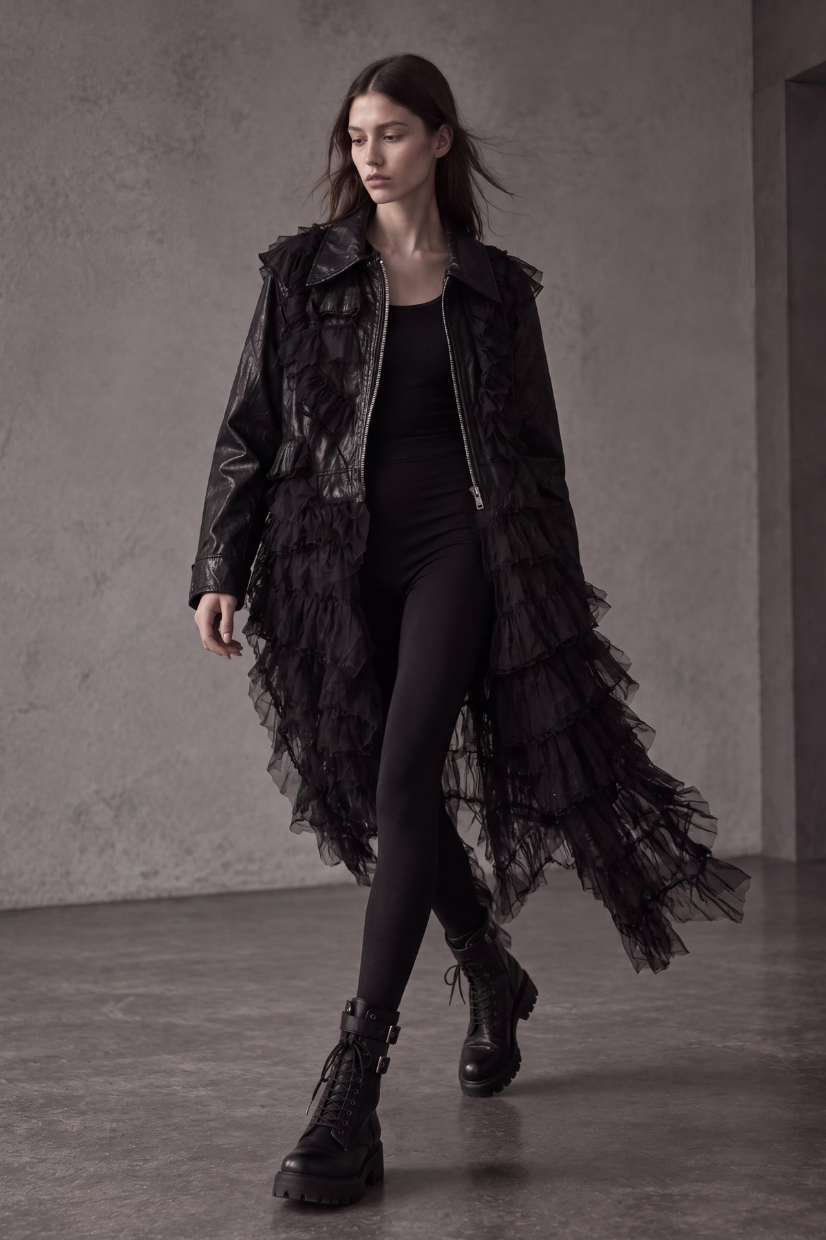 Giacca in ecopelle con ruches e tulle