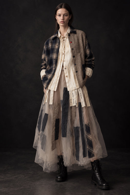 Gonna in tulle multistrato con inserti geometrici